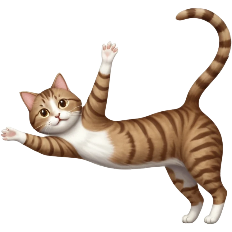 brown tabby and white cat with doing a big extremely long stretch reaching up into the air with arms and legs side by side together straight and overextended whilst lying on its side emoji