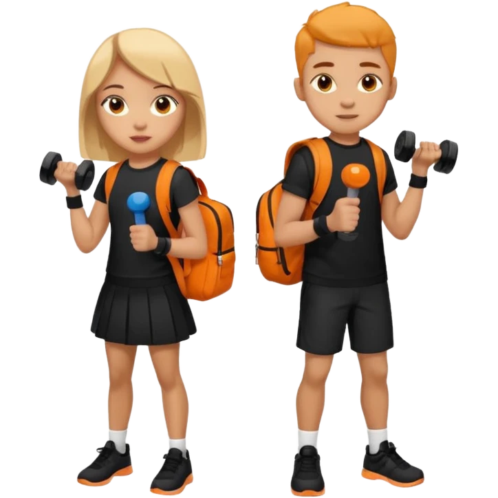 light skin students girl and boy with school bag full of books on back and dumbell in hand. Clothes are in black and orange colours. They are going to the gym emoji