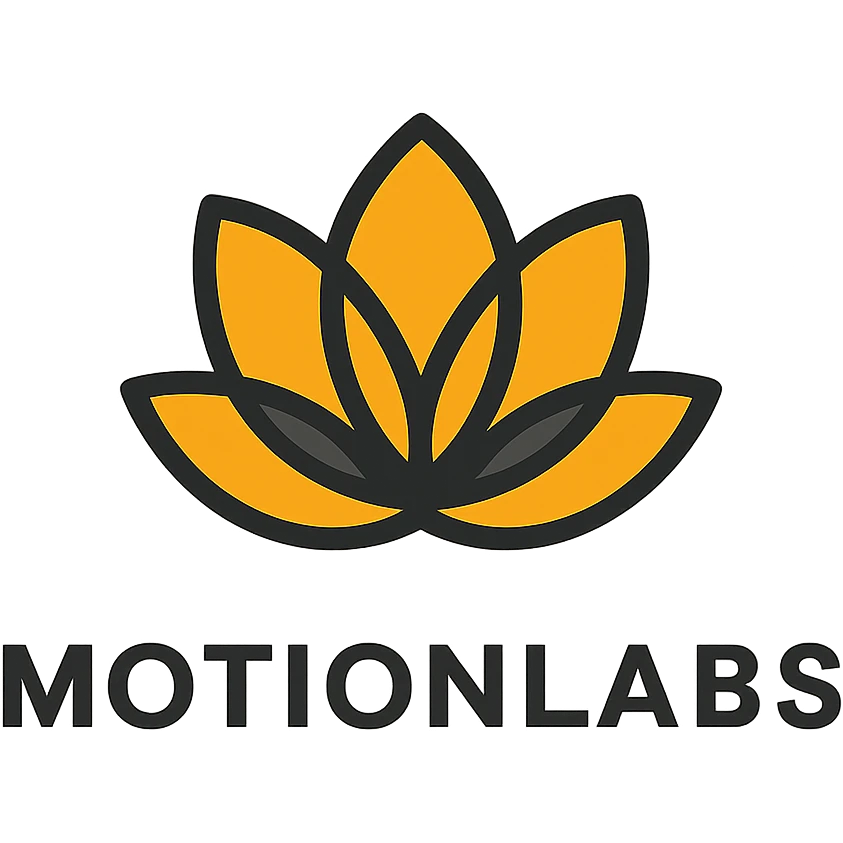 luxury logo for MotionLabs with geometric lotus symbol, colors #ffa31a, #292929, #1b1b1b, black background emoji
