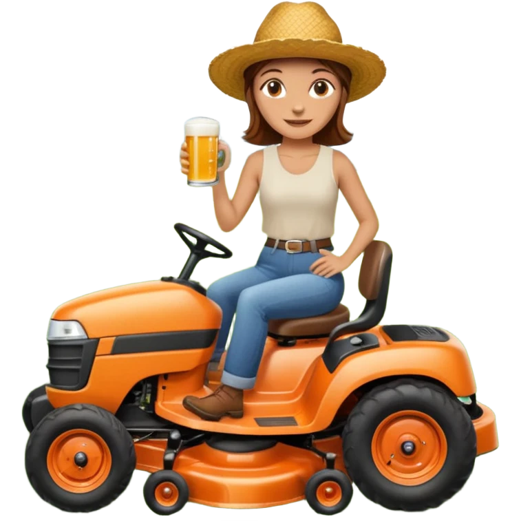 White woman with brown hair, without glasses wearing a straw hat, on old orange ride on lawn mower, holding a beer with one hand and holding the steering wheel with the other hand. Woman is smiling.  emoji