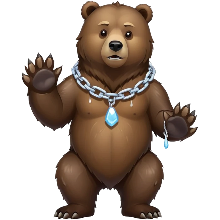 Complete view of serious grizzly bear on four paws, dark brown fur, whole body shown from head to tail, thick ice chain collar emoji