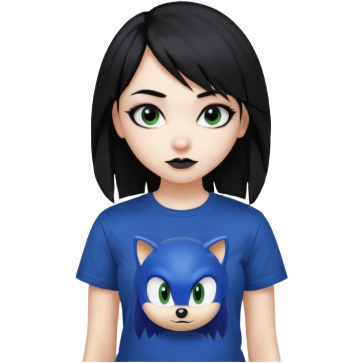 make a goth girl with black hair side bangs, and wearing sonic clothes  emoji