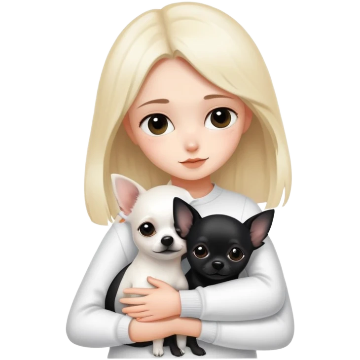A girl with fair skin, wearing white clothes, gently and tightly hugs a black Chihuahua emoji