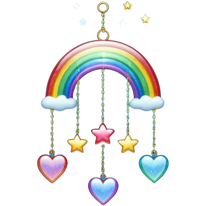 Sparkly glittery aesthetic Iridescent rainbow suncatcher hanging hearts and tiny stars emoji
