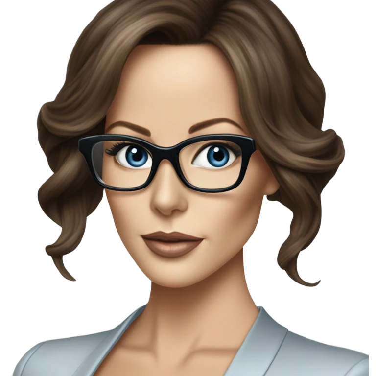 Hyper Realistic photo Kate Beckinsale blue eyes wearing glasses in a business meeting high fashion  emoji