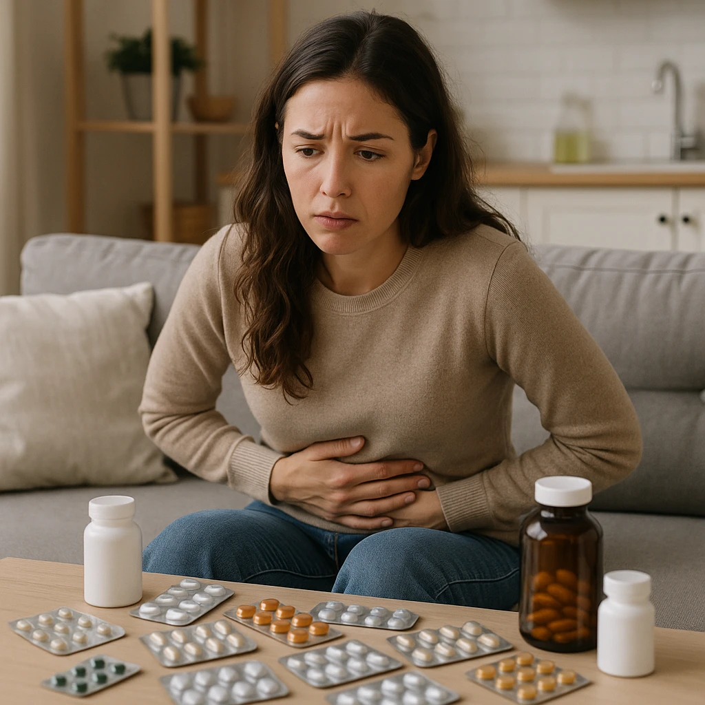 realistic style woman sitting with hand on abdomen, dysbiosis due to wrong supplementation, worried expression, scattered supplement packages, domestic environment emoji