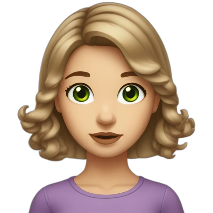 Young girl, green eyes, medium length hair, light brown at the root, light tips. Big bow lips, upturned neat nose emoji