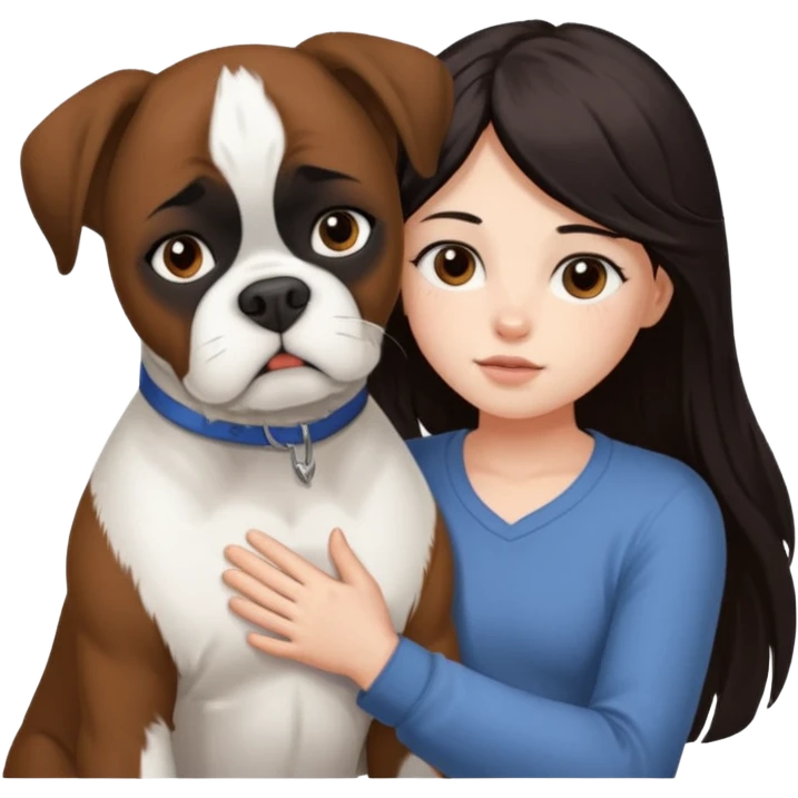 Girl with dark long hair loving on white boxer emoji