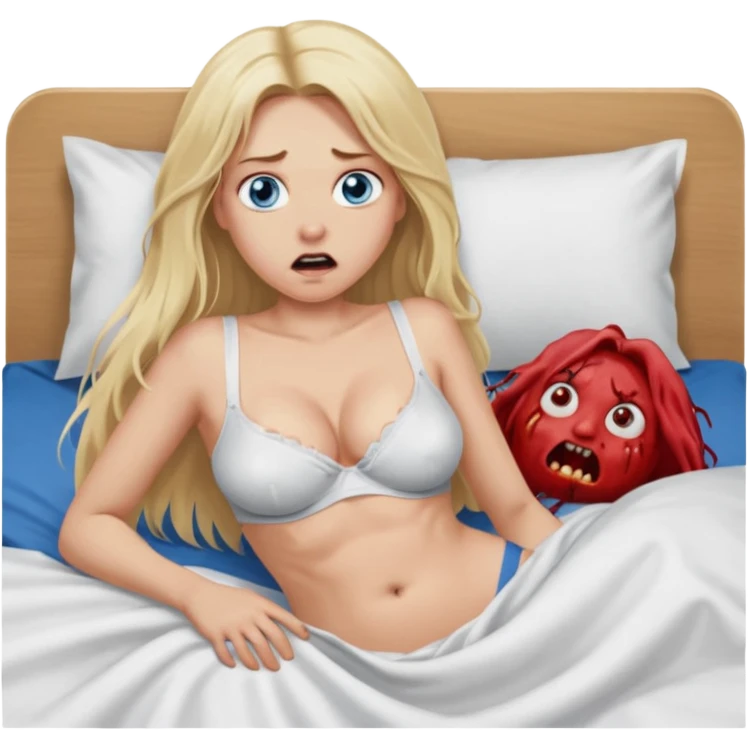 Blonde baddie with very longhair blue eyes   lay in a bed in underwear sie hat Todesangst und guckt schmerzhaft erschrocken Bauch aufgebläht kurz vorm platzen das Bettlacken ist blutig ihre Brüste unnatürlich riesengroß.ein großer Mann war das, der sie festhält und ihren Bauch aufpumpt emoji