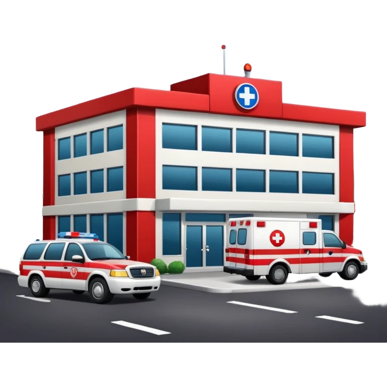 Emergency Medical Services department building with Emergency Medical Services car near emoji
