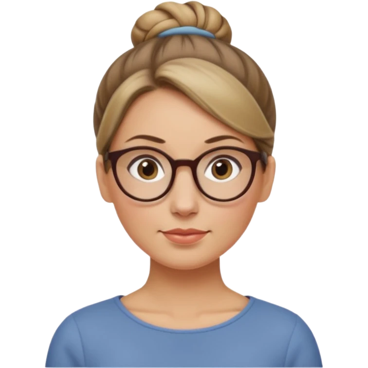 femme de 38 ans avec des cheveux tirés vers l'arrière blond foncé sans mèche devant, un chignon haut, yeux bruns, lunettes rondes, visage ovale emoji