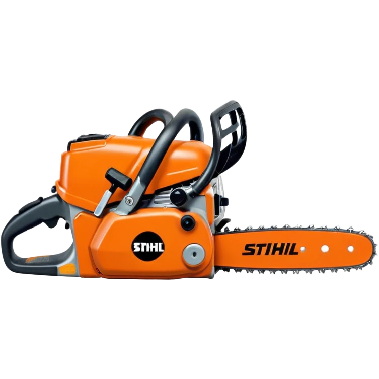 Kettensäge vom STIHL mit grauem Gehäuse, orangenem Deckel und schwarzen Griffen, die Schiene ist Grau mit Kette, seitlich ist das STIHL Logo in weißer Schrift in einem orangenem Kreis platziert emoji