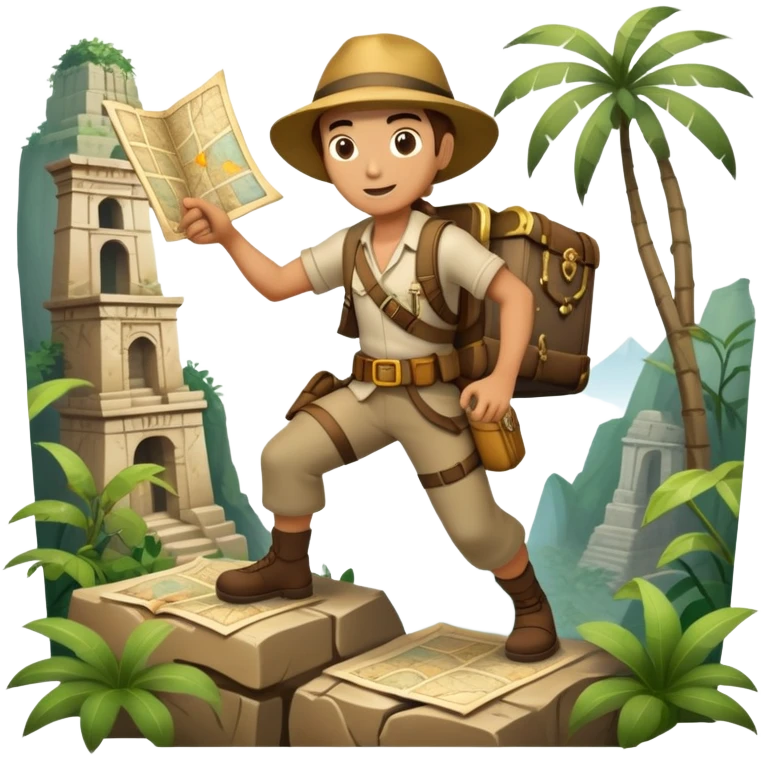 An icon featuring an adventurer in a dynamic action pose, with treasure maps, ancient ruins, and jungle landscapes in the background. The design includes clues, hidden passages, and climbing gear, symbolizing the thrill of exploration and discovery. Transparent background. emoji