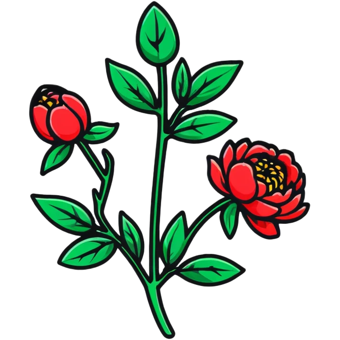 A single red peony flower with green leaves emoji