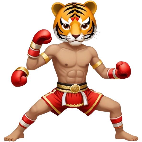 A fierce Muay Thai fighter wearing traditional mongkhon headband and elbow/knee wraps, in fighting stance with a tiger-like intensity, compact and stylized, with gold and red accents emoji