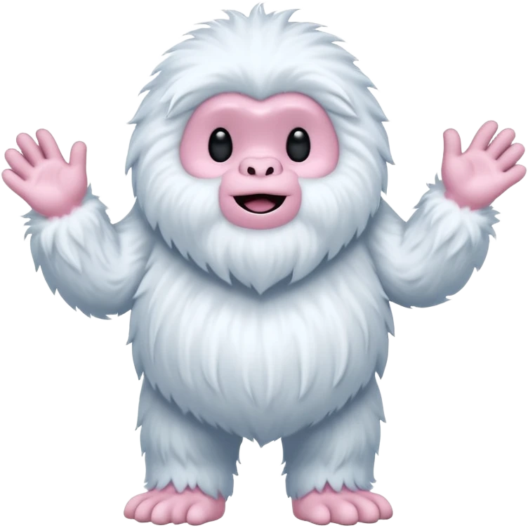 A fluffy, white creature resembling a yeti stands upright, featuring a round body and long, shaggy arms. Its face is smooth with a simple, flat mouth and no visible eyes. The hands and feet are pink with claw-like digits, and the creature has a whimsical, cartoonish appearance emoji