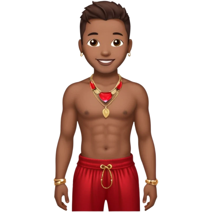Bobby Brown, R&B Singer with dark brown hair, shirtless with necklace, metallic red harem pants  emoji