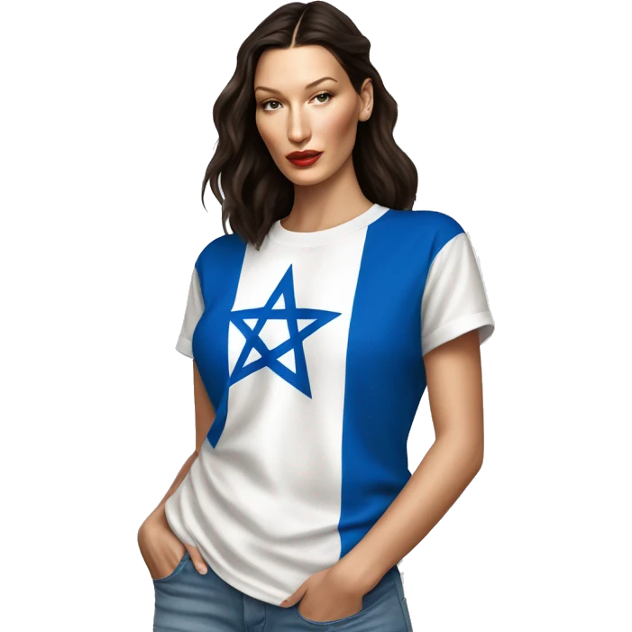 Bella hadid wearing t shirt with Israeli flag, full body emoji