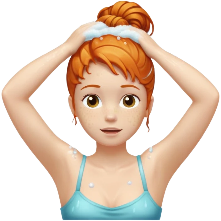 Ginger girl hair up arms up hands on head shower washing hair soapy bubbles emoji