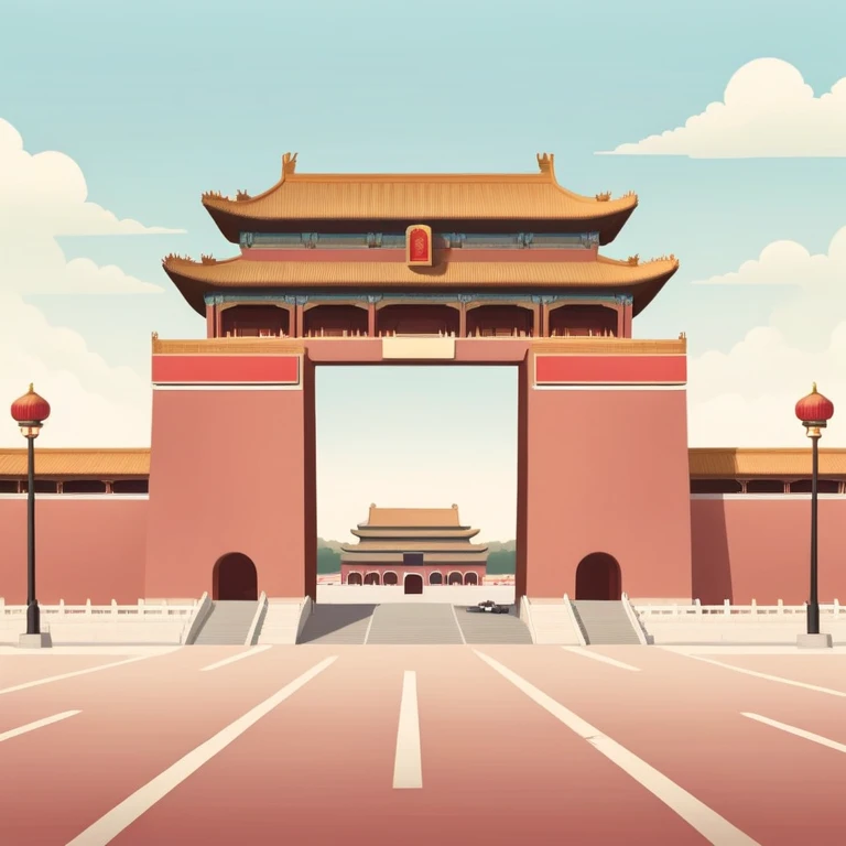 Tiananmen Square in Beijing with traditional Chinese architecture gate, sunny day, travel landmark illustration, soft pastel colors, gentle color palette, muted tones, not vibrant emoji
