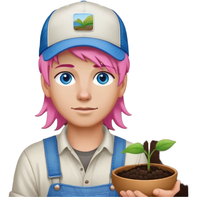 Young White farmer with pink hair and blue eyes planting seeds with a trucker hat emoji