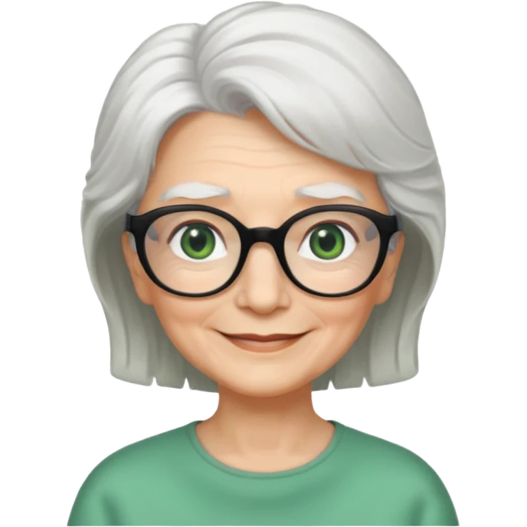 White hair grandma, green eyes, hair to shoulder, lokeg black glasses, rectangles face, smile , emoji