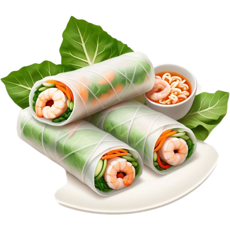Cinematic Realistic Vietnamese Summer Rolls Dish Emoji, depicted with delicate rice paper wraps filled with fresh vegetables and shrimp rendered with crisp textures and refreshing lighting. emoji