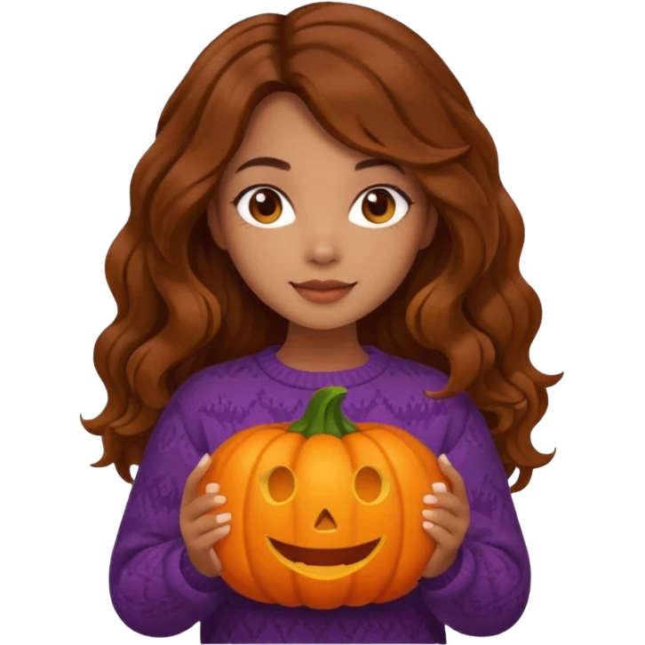 Cozy mixed girl with long wavy brown hair dressed for fall holding a pumpkin  emoji