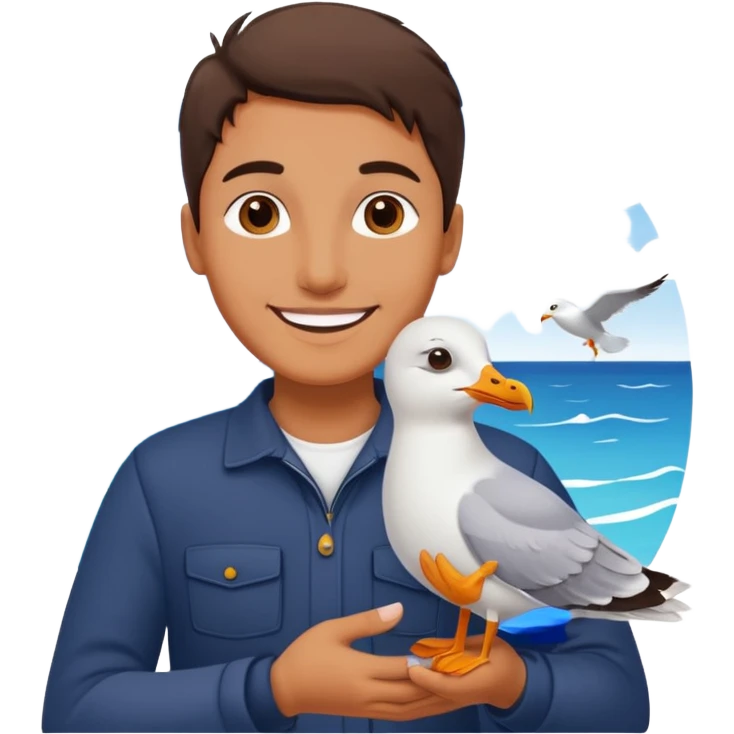 Minimalist emoji-style illustration of a smiling photographer holding a seagull in their hands. Simplified, clean lines, vibrant colors, small size, white background emoji