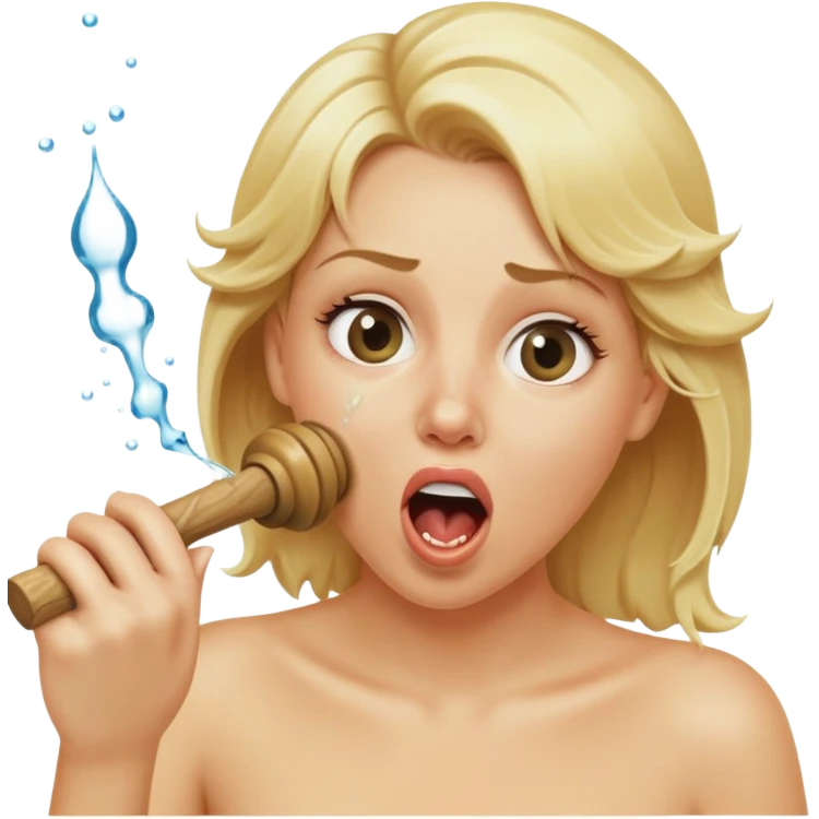 blond woman biting a wide stick with a round knob, both the same color as her skin, the knob has visible skin texture, water jet shooting from the knob into her mouth, surprised look emoji