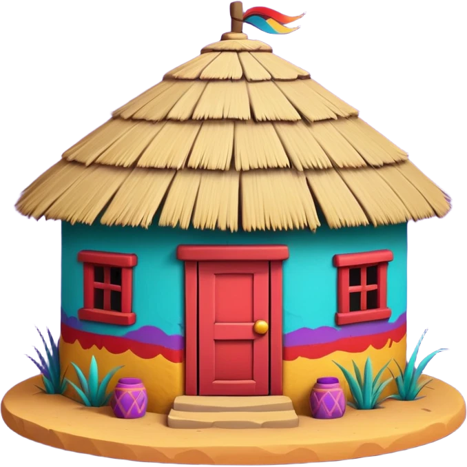 African mud hut tribal house, round adobe clay hut, thatched roof, bright colorful paint, walls in turquoise, red, yellow, purple, tribal patterns, cute mobile game icon, 3D cartoon, soft shadows, clean background, no text, no watermark emoji