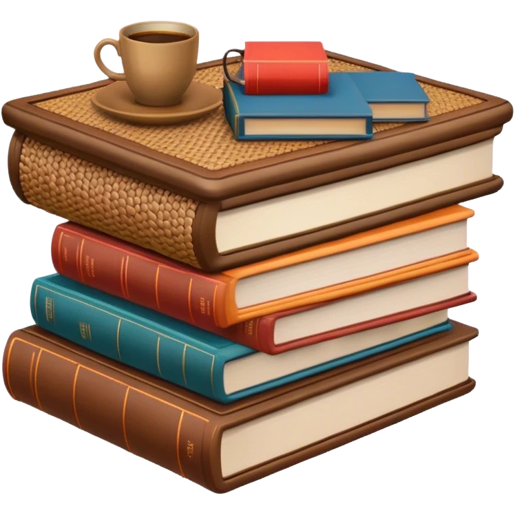 Rattan coffee table with a stack of books on top of it  emoji