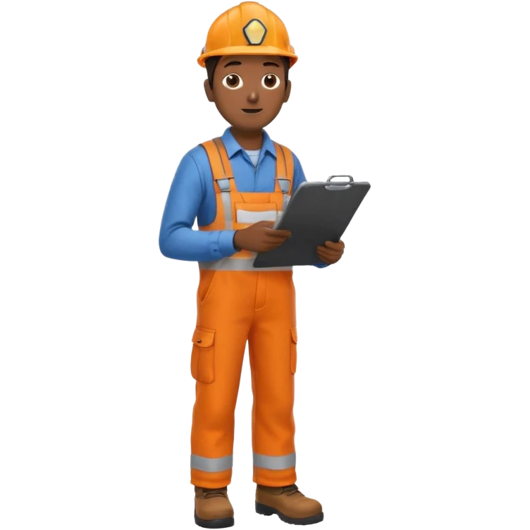 Indian male railway engineer orange overalls, boots holding a clipboard facing away emoji