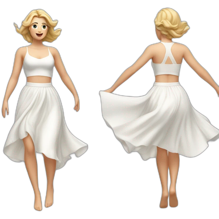 Hyperrealistic Full body Caucasian curvy beauty jumping white skirt back and front views strong wind emoji