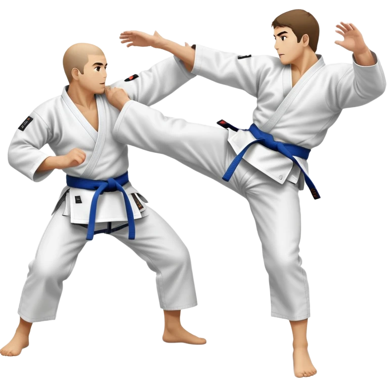 Two judo practitioners in traditional gi, one executing a powerful throw while the other is countering with a defensive move. The background features a judo mat and a focused dojo atmosphere. Transparent background highlights the precision and technique of judo. emoji