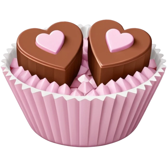 Two square milk chocolate pralines , sharp-edged glossy cubes placed diagonally side by side, each sitting in a small white fluted paper candy cup.
Flat thin pastel pink heart icing centered on top with fine sugar crystal sparkle, clean studio product lighting,  emoji