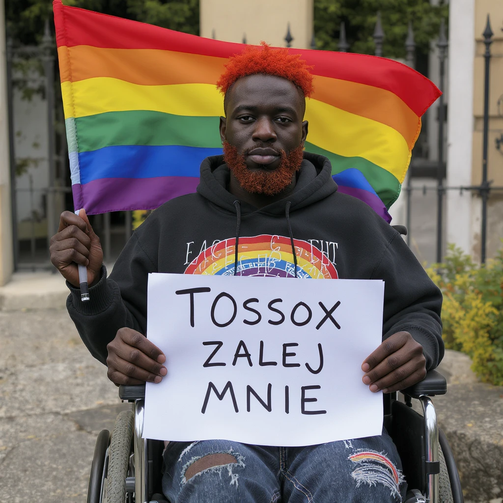 Black man with red hair sitting on wheelchair holding lgbt flag holding text "T0ssox zalej mnie" emoji