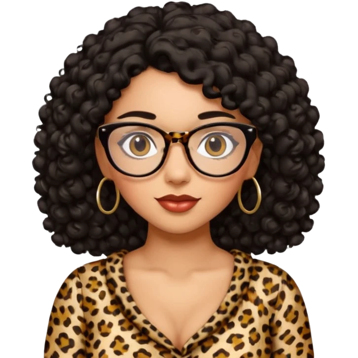 A women who wears glasses with a black curly hair, in a leopard print dress sweetheart neckline  emoji