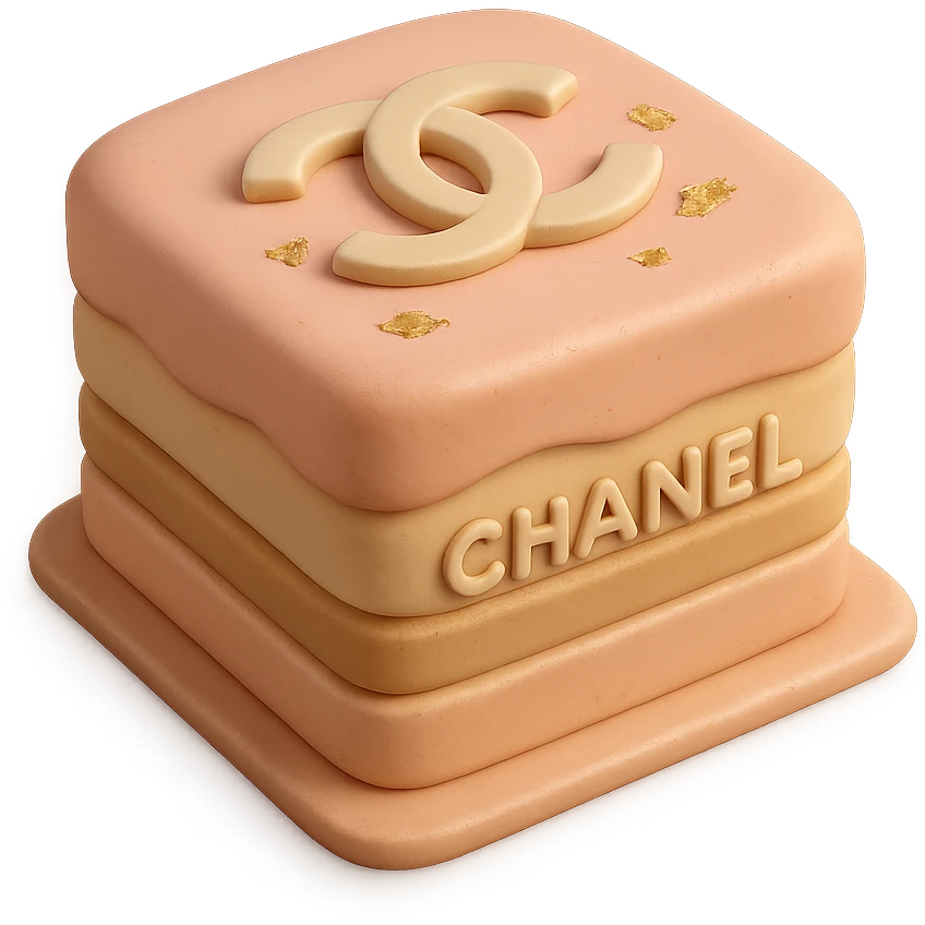 pastel fondant cake art style Chanel opera cake with logo and gold leaf emoji
