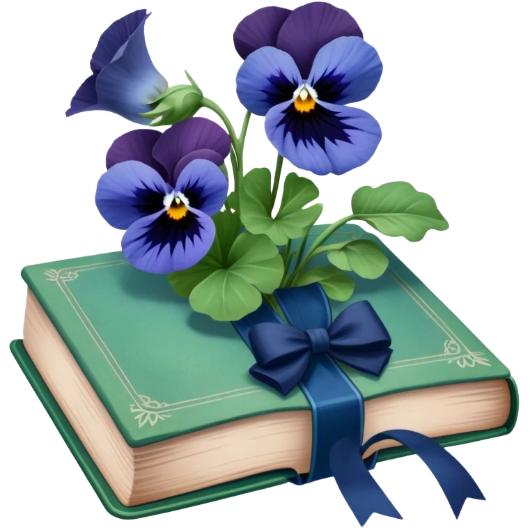 A nostalgic still life of a green vintage book, faded blue ribbon, and pressed navy pansies. emoji