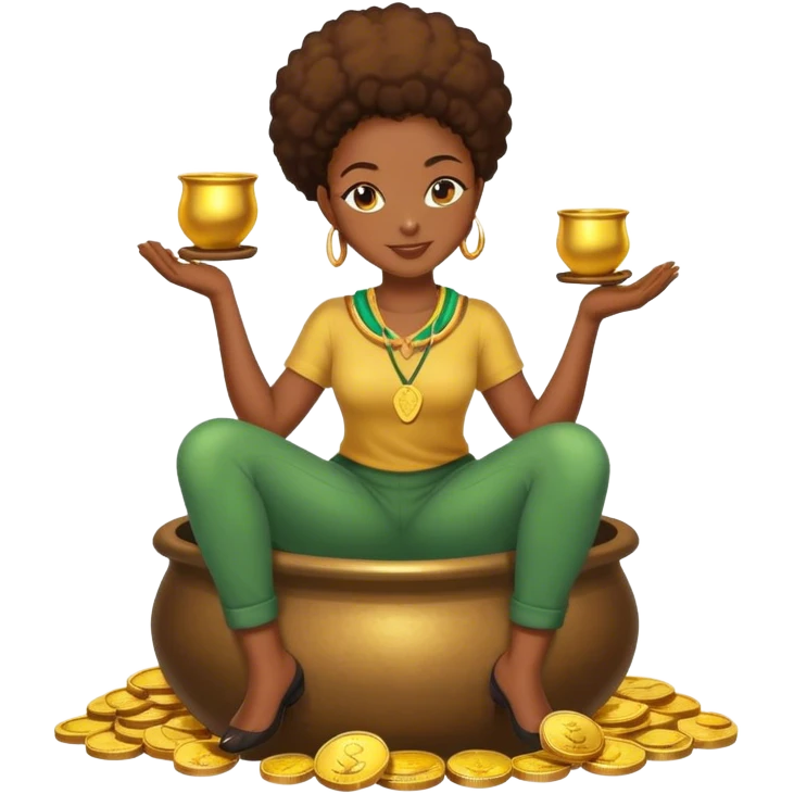 black woman sitting on a pot of gold coins emoji