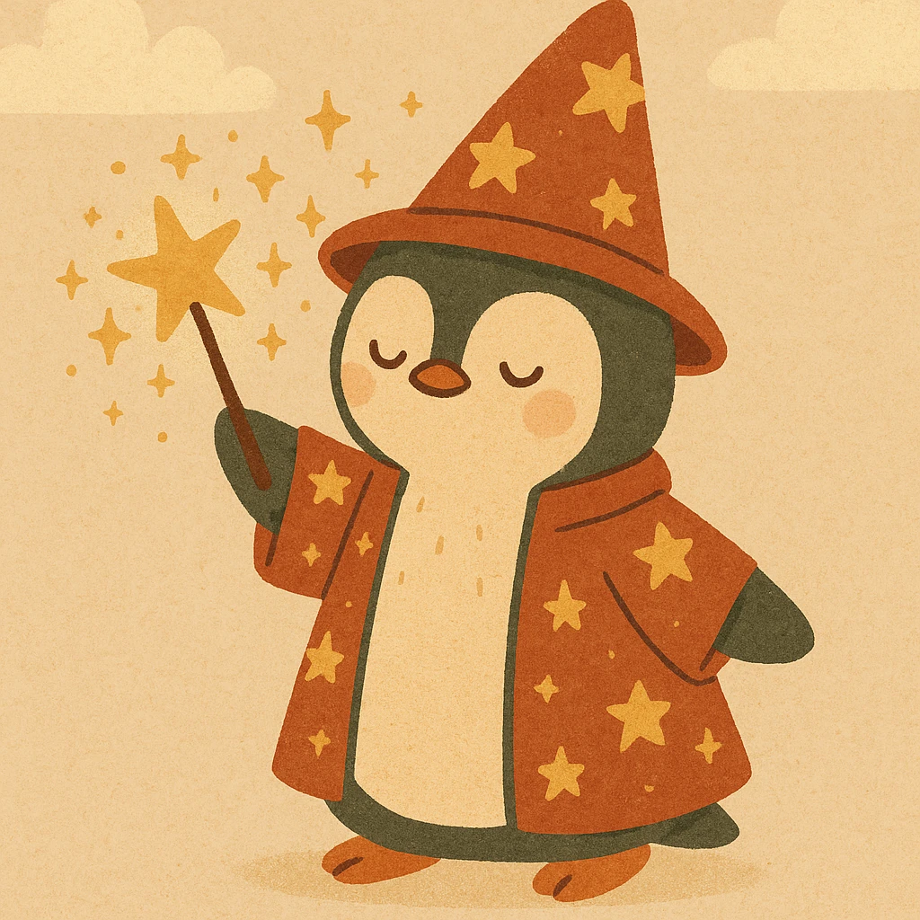 a penguin wizard casting a spell, with sparkles and a starry robe, cute cartoon style emoji