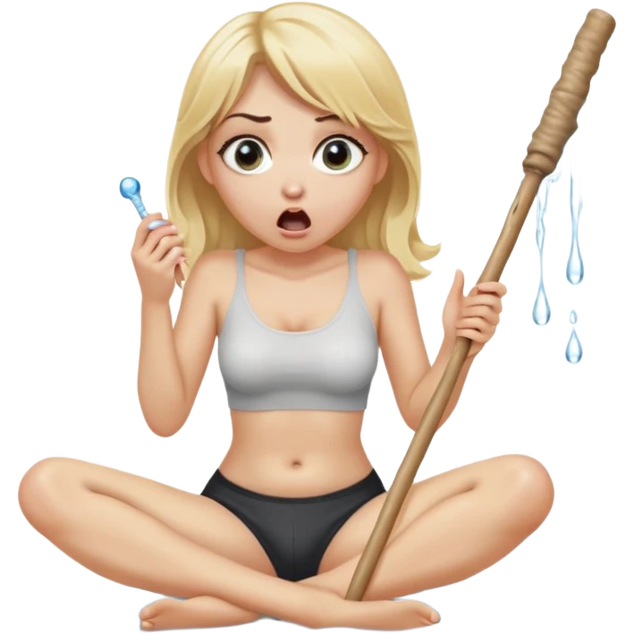 blond woman sitting on her knees with wide eyes, next to her pants are hanging, she's holding a wide skin-colored stick with a D-shaped knob, the stick and the nob have skin texture, water squirting from the knob into her mouth, shocked face emoji