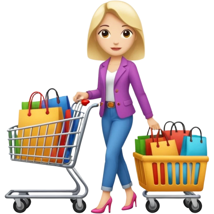 Carrinho de mercado cheio de compras femininas, com diversas maquiagens, roupas  emoji
