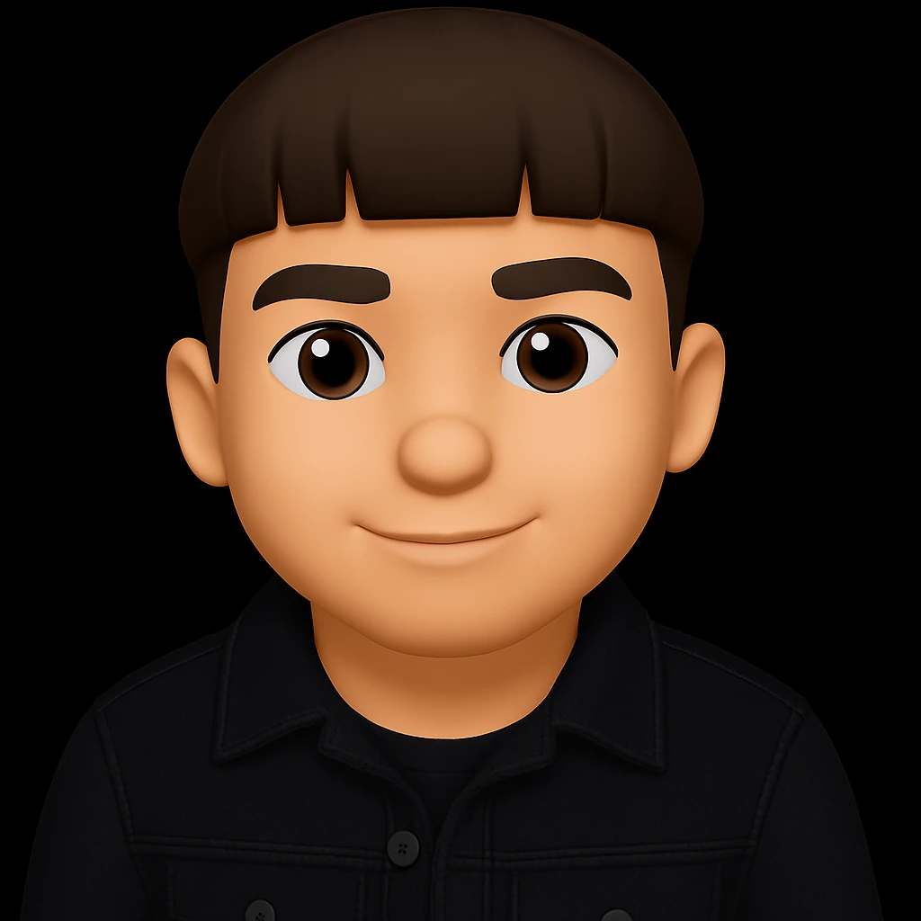 сделать выражение лица чуть более добрым, сохранить 3d-emoji стиль, уверенное и не толстое лицо, черная джинсовка emoji