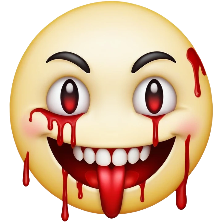 Smiley face emoji with evil grin and blood dripping from mouth and eyes emoji