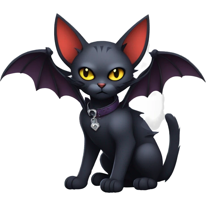  cool edgy dark-themed animal vampiric cat-hybrid Fakemon with fangs and bat-wing-ears with a collar full body emoji