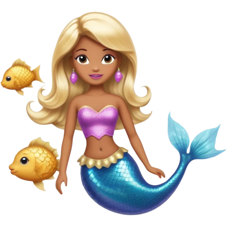 Brown skin blonde hair barbie mermaid with glitter tail  with pufferfish emoji