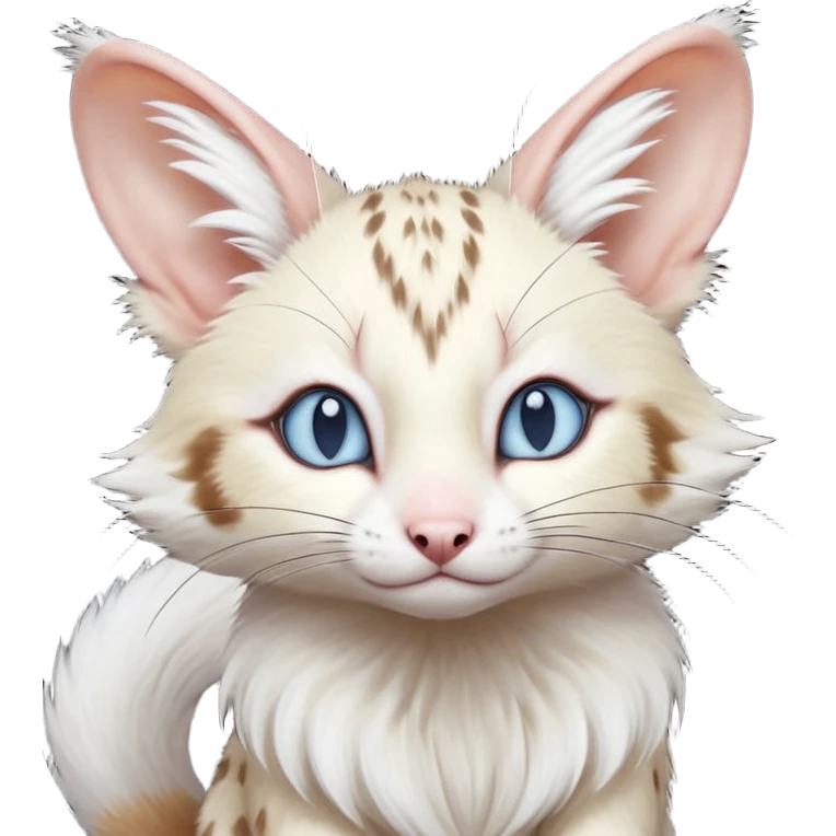 Albino-white, blue-eyed soft natural realistic romantic vintage antique divine beautiful elegant pretty precious cute young youthful  Fakémon-Pokémon-opossum-feline-mouse-serval-caracal-chinchilla-Minccino-Cinccino-Meowstic-rodent-hybrid-creature with a big fluffy bushy tail (full body) emoji