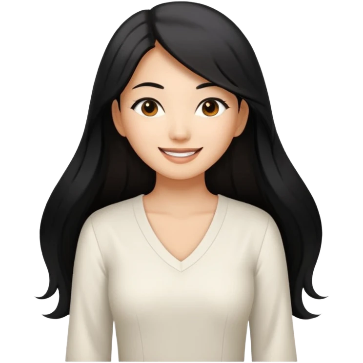 medium tan asian woman with long black hair past middle of back, round brwn eyes, white v neck blouse smiling. emoji